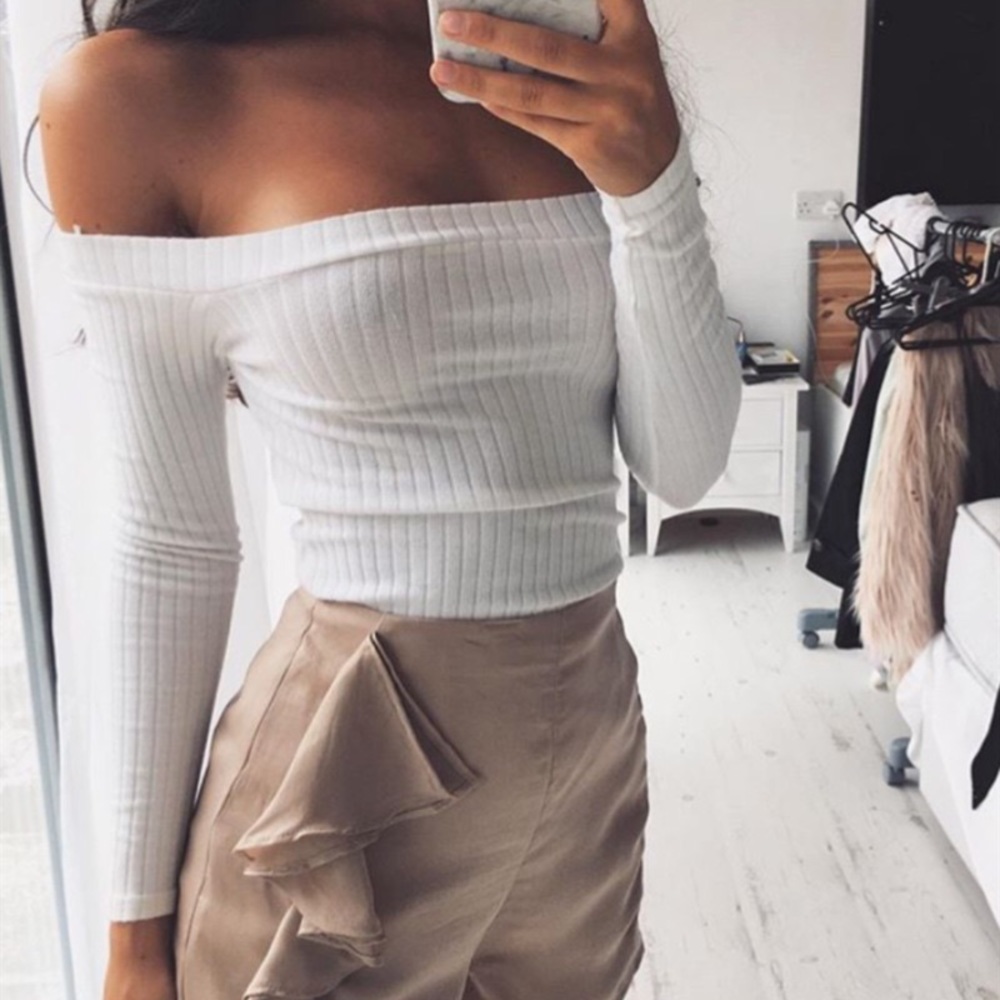 White Rib Stretch Off The Shoulder Shirt Top